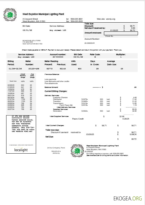 Modèle de facture de services publics des États Unis West Boylston aux formats Word et PDF